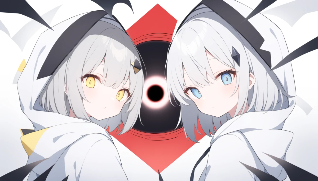 Thin gray hair A red light in one blue eye Widely opened eyes looking at the camera White hoodie Blue and black line pattern White hoodie with black and blue lines Diamond-shaped hair ornament Black hairpin A yellow triangle on the bottom of the hair accessory Jagged black hole on the outside of the hood Black triangle on the hood2t 20age