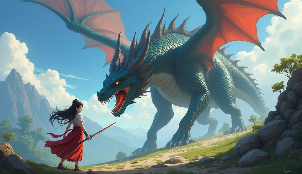 a asian girl in the game call of dragon, stand in the top of the hill, actack the dragon