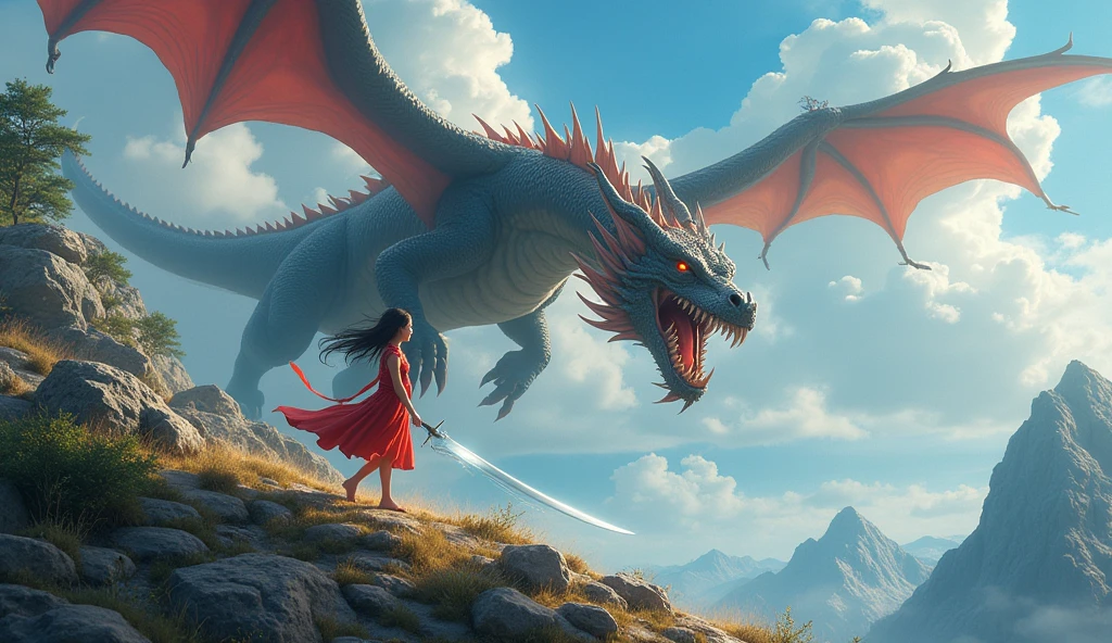 a asian girl in the game call of dragon, stand in the top of the hill, actack the dragon