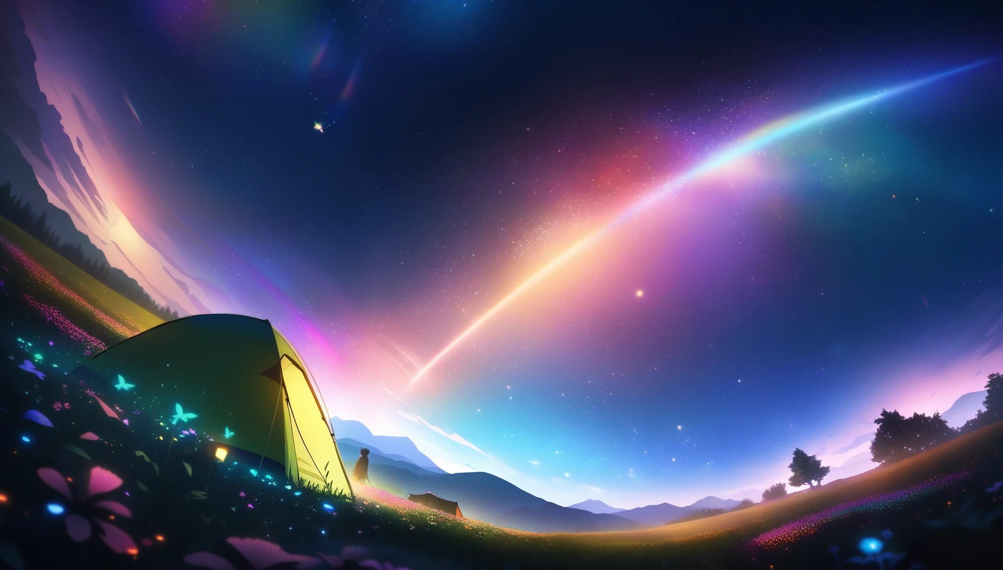 Cozy camping, Outdoor Camping, (tent), Flickering, Absurd resolution, Displaying the viewer, Solo Focus, Dynamic Angle, Ultra-fine, Depth of written boundary, Wide Shot, Vast landscape photography ,( Top view with the field visible from below), Person sitting in a flower field, (full moon), (shooting star), (nebula), Distant Mountain, wood , Production art, (Warm light source), (fire Fly), lamp, Intricate details, Volumetric lighting , (Highest quality), Very detailed, (Dynamic configuration), Very detailed, colorful details,( Rainbow colors), (Glowing lights, Atmospheric lighting), dream-like, Magic, Lens flare, (colorful), Cinematic Light, High resolution, Sharp focus, Smooth, colorful light, particle, Galaxy color scheme