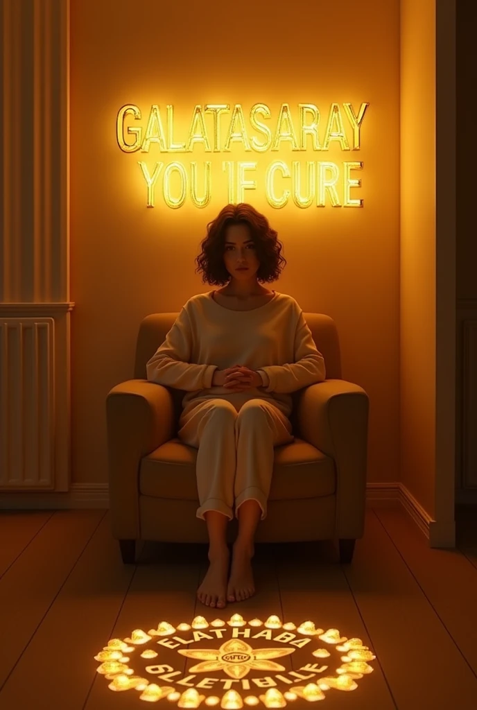 MAKE A ROOM WITH YELLOW LIGHT. LET THERE BE A WOMAN WITH LIGHTLY CURLY BLACK HAIR IN A SEAT. WRITE "EFIL ECE" WITH 3D LOGO. LET THE TEXT BE IN CRYSTAL FORM. LET IT WRITE 'GALATASARAY' ON THE GROUND. HERE IS THE PHOTO OF GALATSARAY FOOTBALL CLUB.