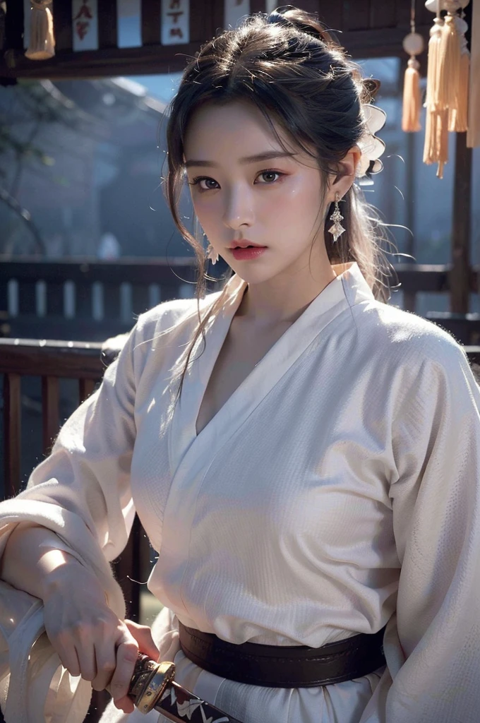 (Ultra high definition、Photorealistic、masterpiece)、raw、50mm、f1.4、Single-lens reflex camera、The mysterious maid、Baby Face、 (Musashi Miyamoto)、 Wielding a long Japan sword、Split with a powerful blow、Wrapped in a fog that blocks visibility、Revealing a vivid and otherworldly scene、Hazy background、The clarity of the sword strike、Burning earth in the background、volcano、lava、White Fox、A mysterious layer of mist covers the foreground、Earrings、Clear Eyes、Exquisite and delicate kimono、Dramatic lighting and colors、