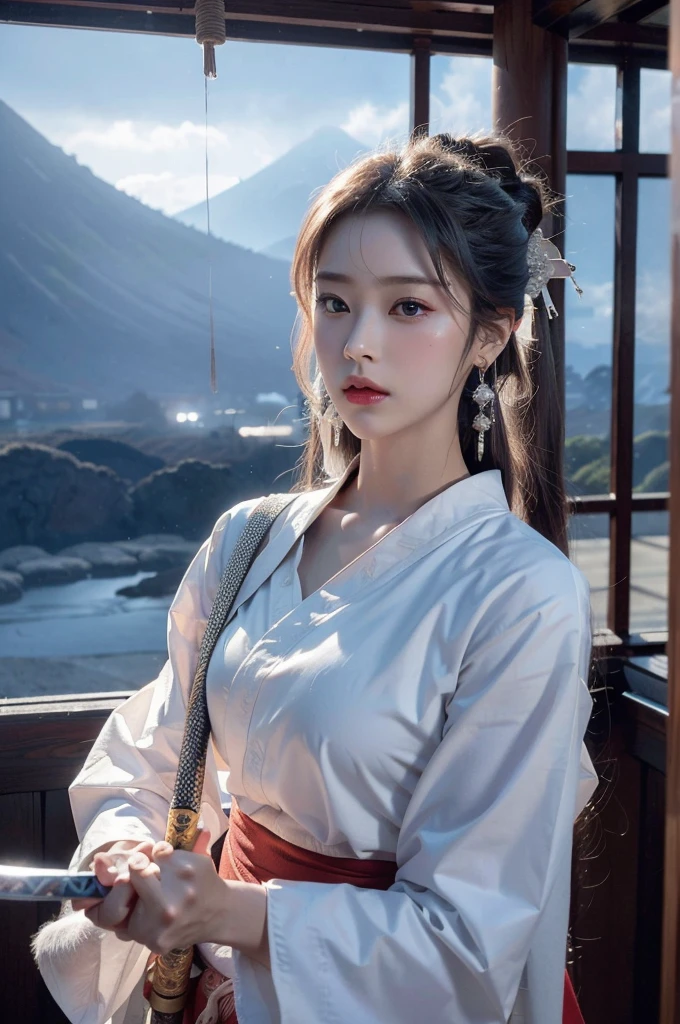 (Ultra high definition、Photorealistic、masterpiece)、raw、50mm、f1.4、Single-lens reflex camera、The mysterious maid、Baby Face、 (Musashi Miyamoto)、 Wielding a long Japan sword、Split with a powerful blow、Wrapped in a fog that blocks visibility、Revealing a vivid and otherworldly scene、Hazy background、The clarity of the sword strike、Burning earth in the background、volcano、lava、White Fox、A mysterious layer of mist covers the foreground、Earrings、Clear Eyes、Exquisite and delicate kimono、Dramatic lighting and colors、