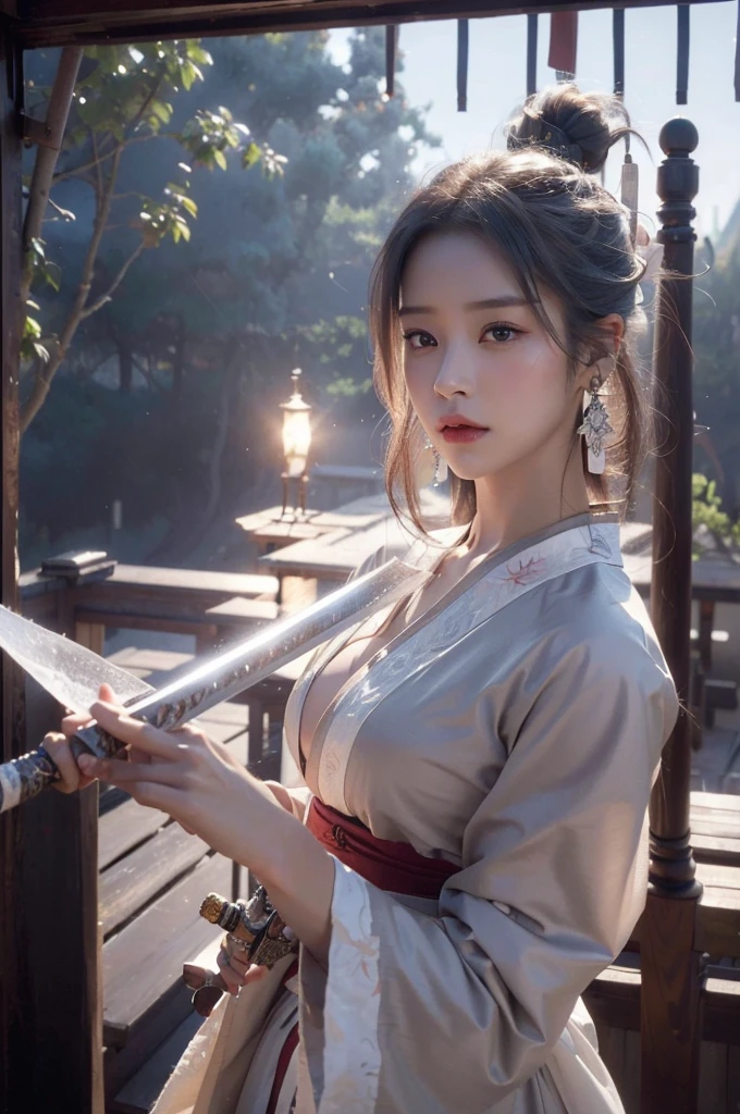 (Ultra high definition、Photorealistic、masterpiece)、raw、50mm、f1.4、Single-lens reflex camera、The mysterious maid、Baby Face、 (Musashi Miyamoto)、 Wielding a long Japan sword、Split with a powerful blow、Wrapped in a fog that blocks visibility、Revealing a vivid and otherworldly scene、Hazy background、The clarity of the sword strike、Burning earth in the background、volcano、lava、White Fox、A mysterious layer of mist covers the foreground、Earrings、Clear Eyes、Exquisite and delicate kimono、Dramatic lighting and colors、