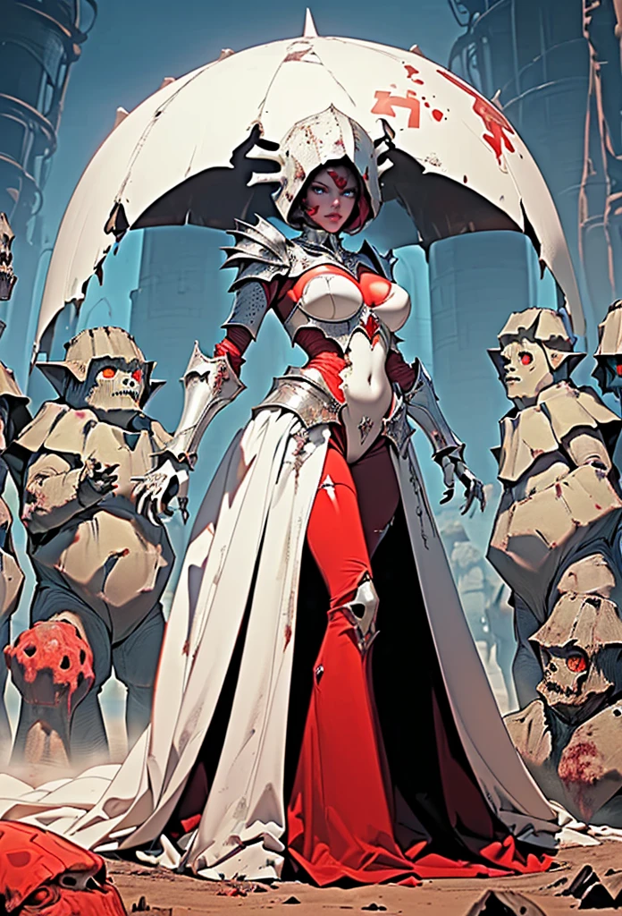 1girl,  monster with beautifull woman face, no humans, claws, red skin, colored skin, pristine_white_armor, breasts, helmet, standing, full body, red velvet train, (((pristine white monstruous armor))), opulent, glossy, (((beautifull woman face, sensual lips: 1.2))), sexy, large hips, large breasts,
(red: 0.2, white:1.2), 
large breasts, thick legs, wide hips, 

(((Bones golems army behind her)))),  Giants, Giants Golems army background, ((Golem: 1.4)), (((Zombies army))), (a lot of zombies in the background behind her), blue sky, blood clouds,

Creepy yet magnificent red and white ambiance, futuristic, modern, giant bones structure, out of this world, fantasmagoric, depth of field, very detailled background, battlefield background