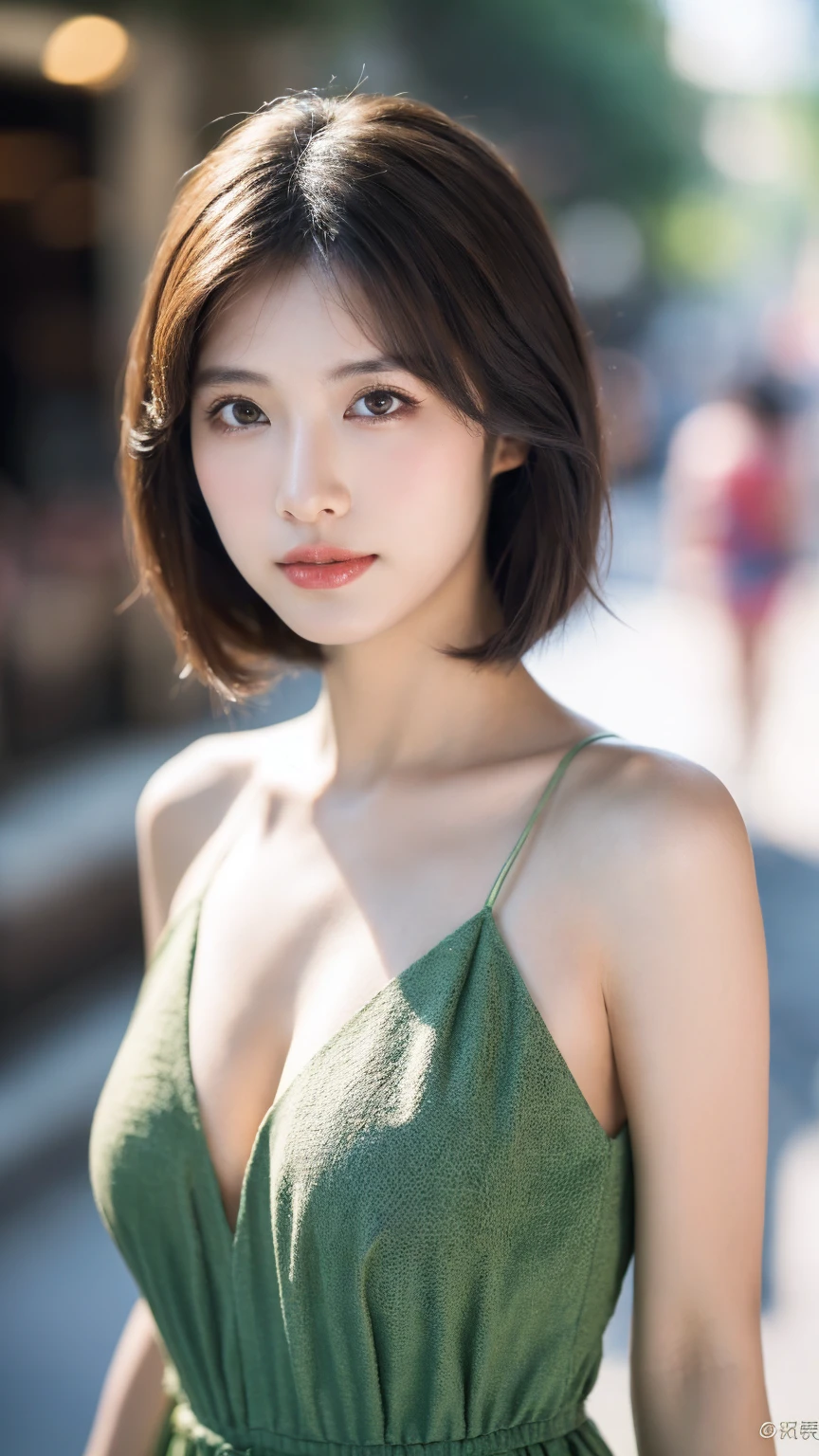 ((Best quality, 8k, masterpiece:1.3))，1girl，1，Asian，Real texture:1.3，(Background blur:1.1)，Dress，Tall and slender figure:1.2，(Hot summer weather)，（street:1.3），Highly detailed face and skin textures，Exquisite eyes，Long eyelashes，Double eyelids，Skin Whitening，happy，Various lenses，Beautiful breasts