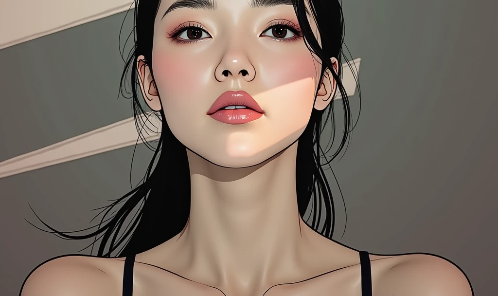 A strong, mature woman Best Quality, 8k, Masterpiece, (Portrait: 1.3), (photo realistic:1.4), (hyper realistic:1.4), Sharp Focus, looking at viewer, (smoother lighting:1.1), (increase cinematic lighting quality:0.9), realistic lighting, backlighting, light on face, ray trace, (brightening light:1.2), (Increase quality:1.4), sharp detail, (best quality real texture skin:1.4), finely detailed eyes, black_eyes, finely detailed face, 25 year old tanned Korean woman, camisole, void black back ground long neck