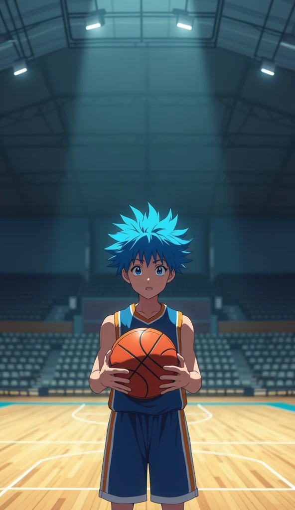 A young boy with spiky blue hair, wearing a sports uniform, stands in a quiet gymnasium. His face is full of determination and focus as he prepares for a big game, gripping a basketball tightly in his hands. The empty bleachers and the quiet gym create an atmosphere of anticipation. [Anime style, inspired by 90's sports anime], [Cool, sharp lighting, deep shadows, focus on the boy and basketball, wide shot, dynamic composition, tense mood]