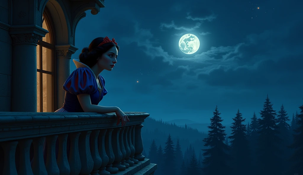 Snow White has a sad look, she is on the castle balcony, It's night and the moon is full, trees on the horizon