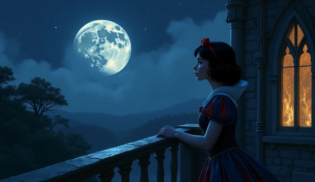 Snow White has a sad look, she is on the castle balcony, It's night and the moon is full, trees on the horizon 