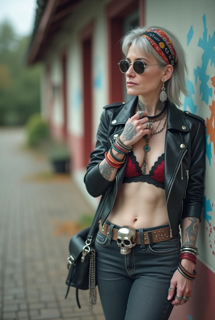 russian old milf woman, grey hair (middle part) and wide colourful bandana as headband, maxi sunglasses as headband. Very light blue eyes, extremely pale. Wearing studded cropped black moto jacket with lots of zippers and pins, black and red lace push up bra , dark skinny blue jeans and pointy silver Chelsea boots with cuban heels . Lots of colourful thick bracelets, colourful collars and colourful rings. Tacky wide studded leather belt with oversized skull and bones buckle. Long bohemian earrings with feathers. Standing up, humble facial expression. Hands caressing her neck, showing off bracelets and rings. Chains around belt.. Listening in amazement to somebody speaking to her, toned six pack abdominals, thin neck, slim legs and thin arms. Tattoed heavily.  Huge black leather tote bag 