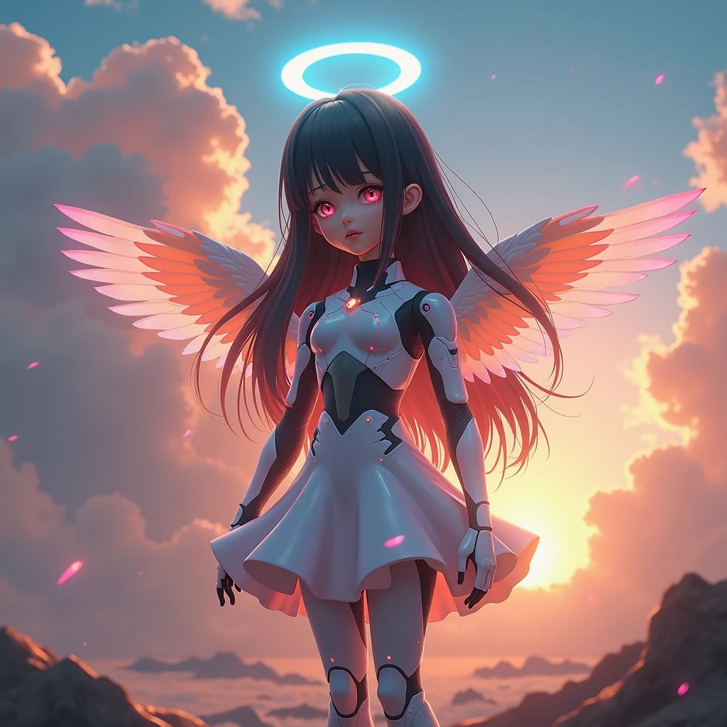 ((masterpiece, best quality, extremely detailed), volumetric lighting, ambient occlusion, colorful, glowing),
1girl, solo, light brown skin young girl, (black hair), long hair, halo, aura, sacred, godness, cyber suit with skirt, (blue outfit:1.3), android, bot, angel wings,
outdoors, sunset, sky, clouds, space, (cyberpunk theme:1.2),