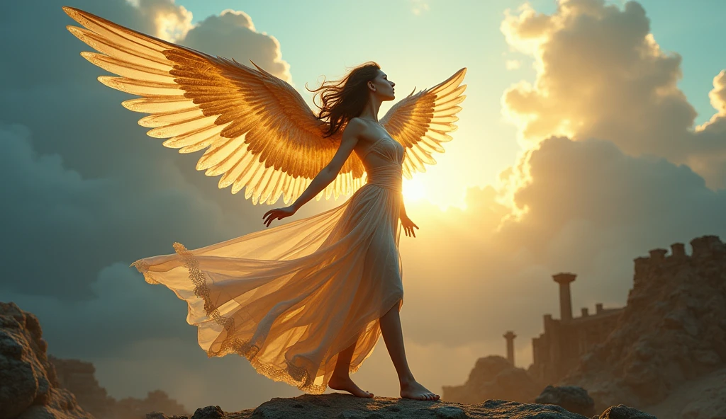 A seductive and enchanting woman with celestial wings, bathed in soft, radiant light, performs a graceful dance atop floating ruins in a cloud-filled sky. Her alluring figure is draped in sheer fabrics of gold and deep blue, while delicate symbols of ancient magic glow softly on her skin. The scene captures her divine elegance as she moves with captivating poise and beauty. Aim for realistic depiction, make sure photos are at highest resolution (8K)