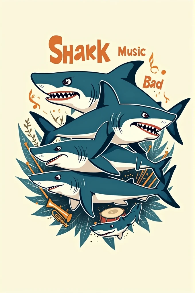 A logo that has not so animated animated sharks and that has trumpets, timpani, lyres, wiros and that says shark music Bad 
