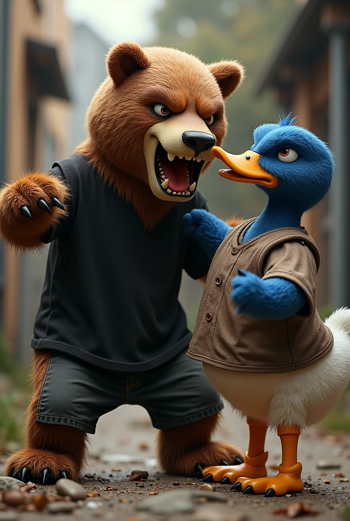 Mascot of an angry bear, wearing a black shirt and hitting a duck mascot who is also wearing a realistic shirt