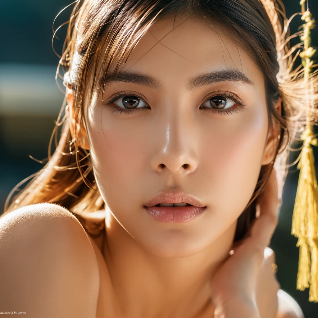 An ethereal and breathtakingly beautiful Japanese model and actress in her early 20s, depicted in an ultra-high-definition 4K close-up that reveals every intricate detail of her facial features. Her skin is hyper-realistic, showcasing a flawless complexion with a natural, warm beige undertone and a subtle, sun-kissed hue, giving her a healthy, radiant appearance without being overly pale. The skin texture is meticulously detailed, revealing fine pores, a gentle dewiness, and a natural elasticity that conveys a soft, supple feel. The lighting is soft and indirect, with a focus on ambient indoor light that gently illuminates her face, avoiding harsh highlights and creating a balanced, realistic glow. The soft shadows cast by the light add depth and dimension to her features, emphasizing the smoothness of her skin and the contours of her face. Her large, almond-shaped eyes are a deep, rich brown, with irises displaying subtle color variations and a soft inner glow, framed by perfectly arched brows and naturally curled, thick lashes. Her lips are naturally full, with a soft, velvety texture and a delicate sheen that captures the ambient light, highlighting their plumpness and smoothness. Her straight, glossy black hair is styled to frame her face, each strand individually defined with a natural sheen that reflects the indoor lighting. The overall composition is designed to evoke a sense of intimate elegance, with the gentle, controlled lighting and the precise rendering of every detail, from the texture of her skin to the softness of her gaze, creating an image that surpasses human perception in realism.