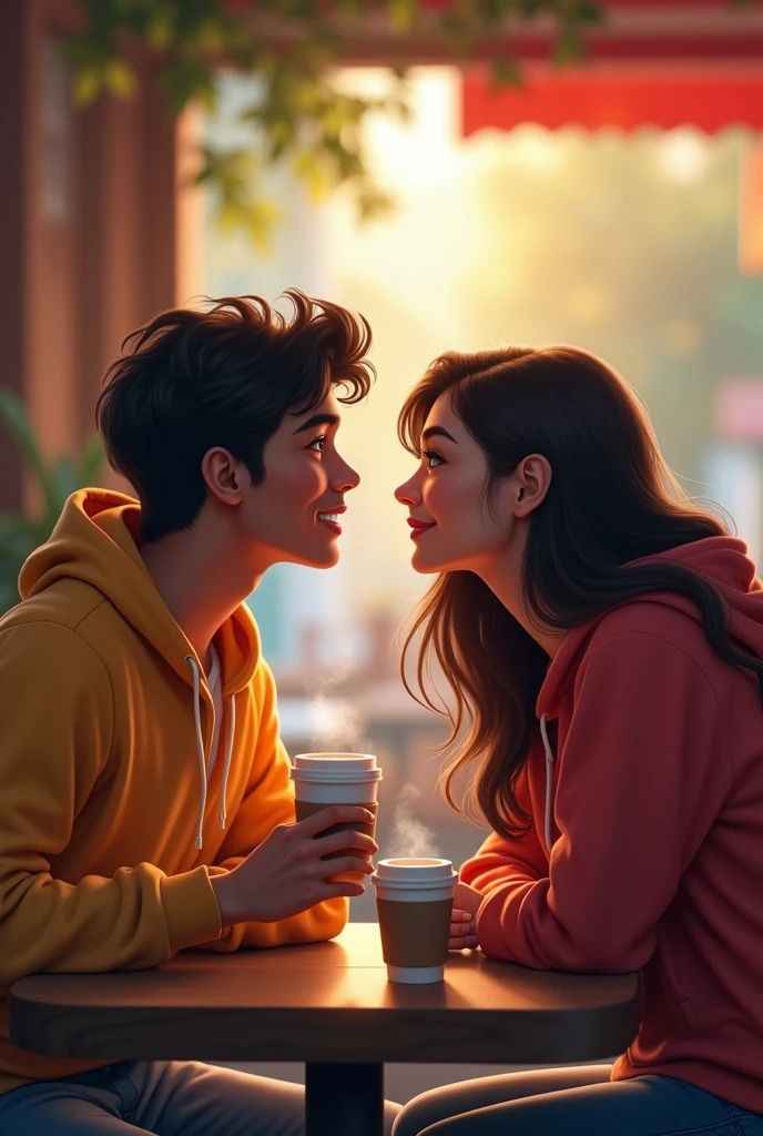 A 2 indian boy with medium long hair wearing hoodie and seating with his 2 beautiful indian girlfriend and both are seeting on a table with their coffee and taking photo