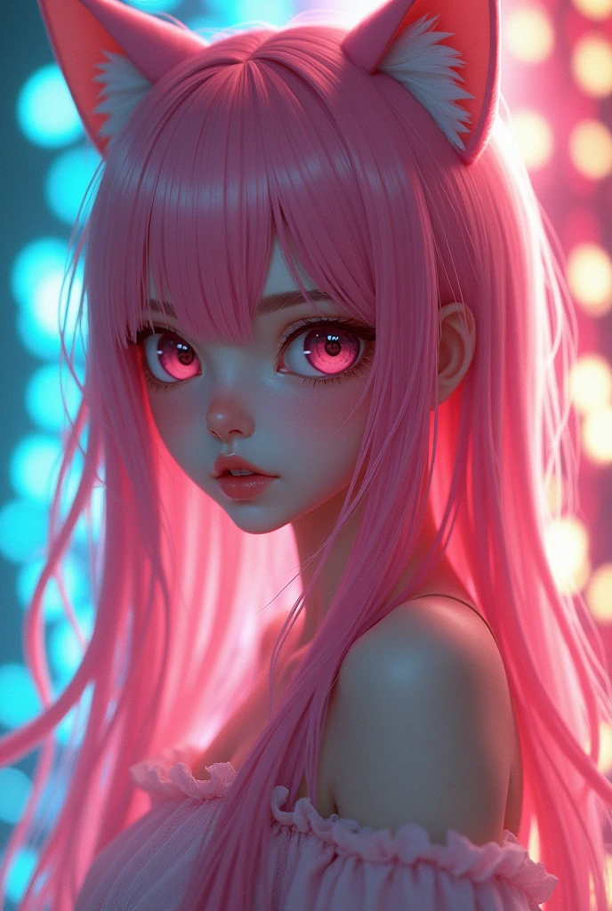 qute girl with pink hair & deep pink eye. cat ears and long hair, blue red & green light mixed background, 8k ultra hd photo