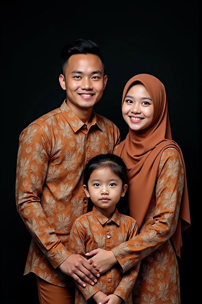 Studio photo of a young family of 3, father, mother and daughter wearing Muslim batik clothes with the same motif.. 28 year old father with neat thin hairdo, 25 year old mother wearing a hijab that matches her clothes. 2 year old girl wearing a hijab that matches her clothes. Black background