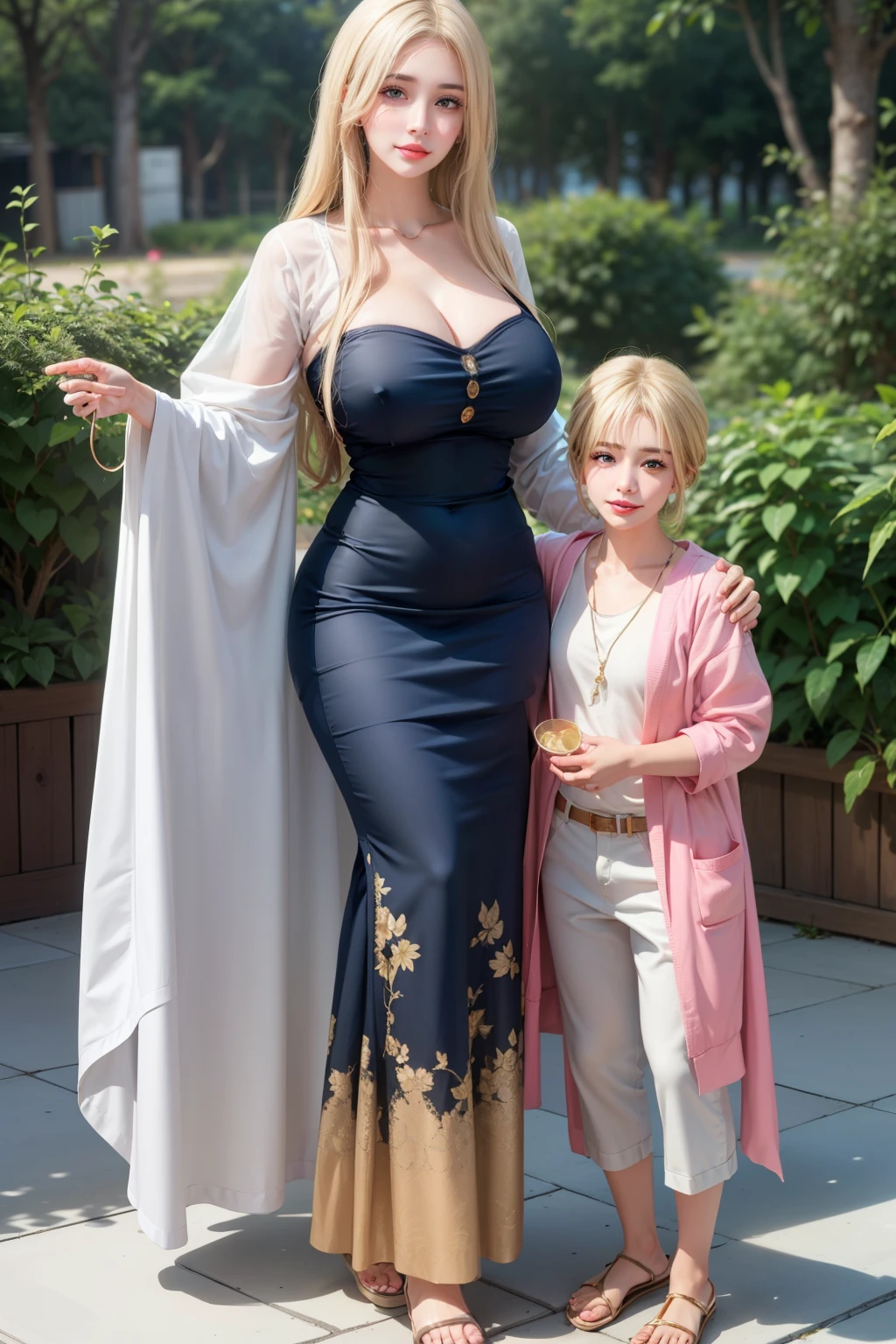 An extremely beautiful stunning mother with a perfect busty body, perfect pretty face, gold blonde long silky hair, big blue-green hazel eyes, extremely super bright snow white fair stunning flawless glowing lush shiny white skin, a perfect tight hourglass figure, and a skinny waist, extremely cute smile on the face, bright pink blushes on cheeks, wearing a long cute sky-black floral maxi dress, and a yellow-tan cardigan, white flip-flop sandals, gold necklace on the neck, gold anklets on feet, standing straight, holding her little son's hand, garden in the background, show full body from head to feet