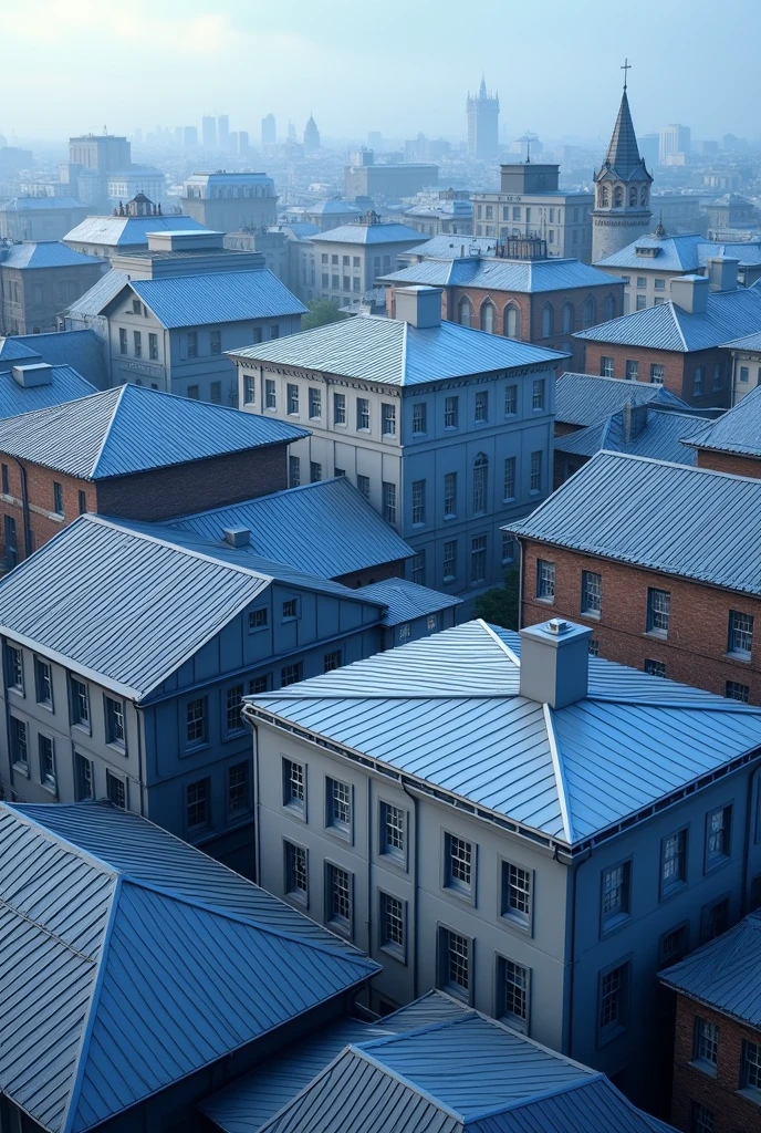 Realistic 8K image highlighting different buildings with different types of roofs, including built-in roof, metal tiles, colonial tiles, among others. The image gives greater focus to the details of the roofs., displaying their textures, materials and construction styles. The predominant colors are shades of blue, that are present in heaven, in the shadows and in elements of buildings, creating a visual harmony between the different buildings. The scene conveys a technical and detailed view of the architectural diversity in roofs.