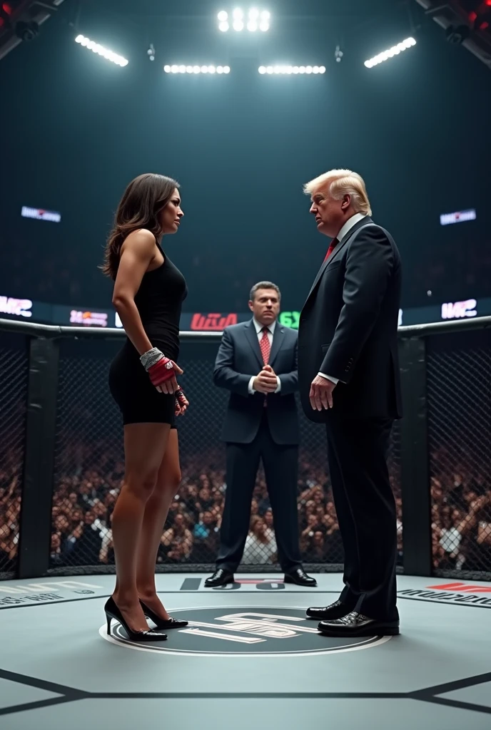 Crie uma luta em um ring de UFC, entre kamala Harris e Donald Trump. e Elon musk e o juiz da luta