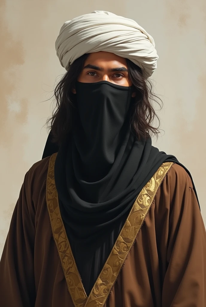 (photorealism:1.2), A man in his twenties. He has a white Islamic turban on his head. wearing brown Islamic robe. wearing a black veil covering her face. her hair is messy and long.  realistic animation drawing. 