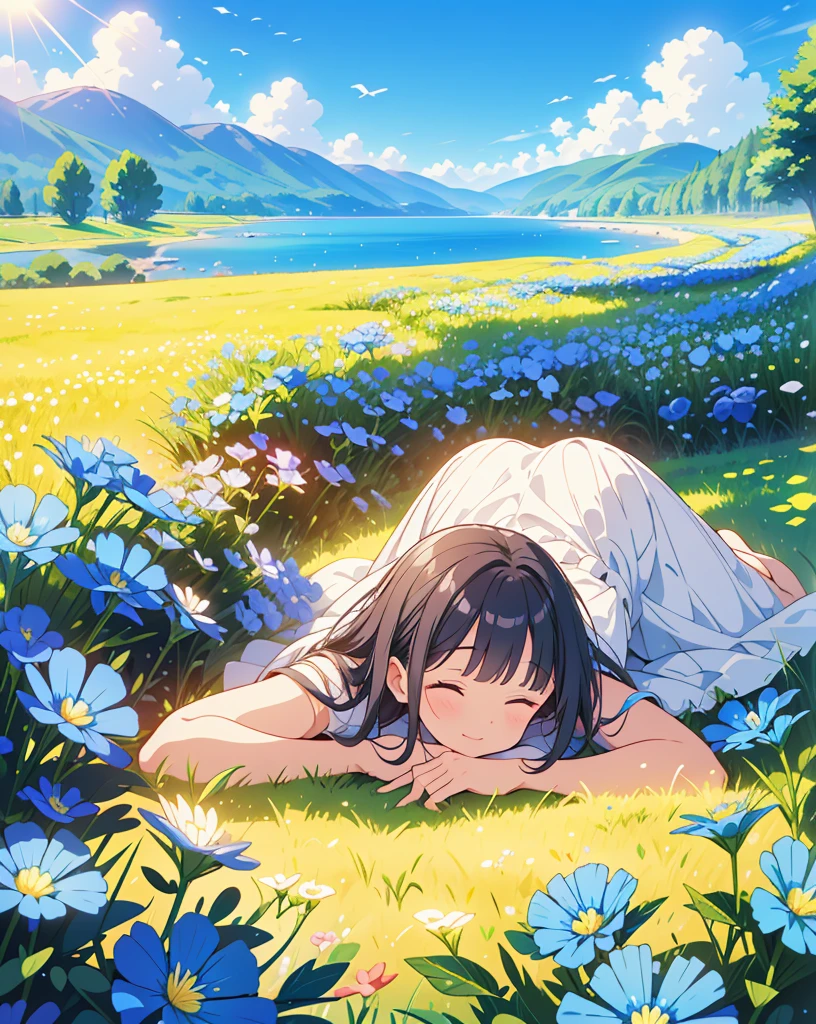 Highest quality, 32K, High resolution, masterpiece:1.5, Colorful Nemophila Fields, Lie on your back, Close your eyes and laugh, Transparent air, Summer sunshine