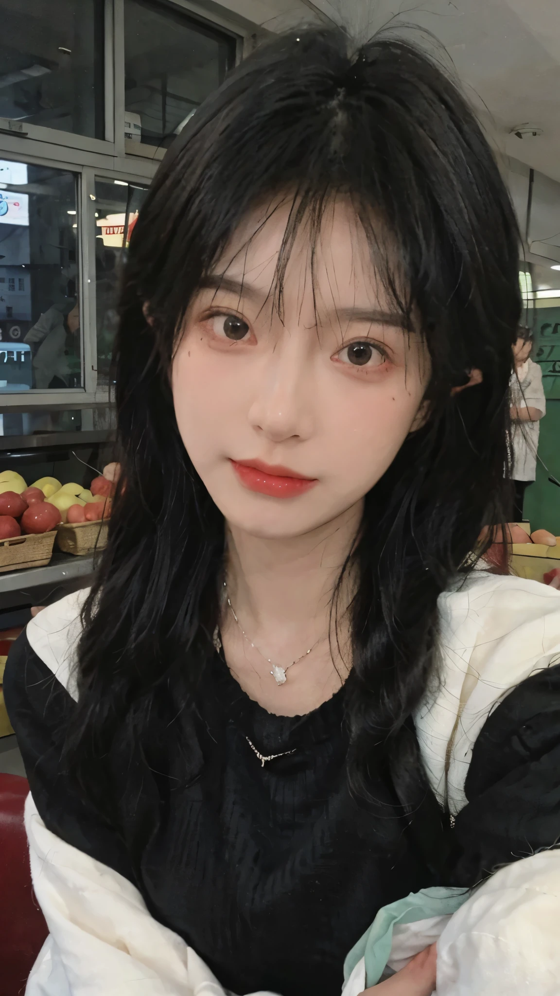 Best quality,Ultra-high resolution,(Realism:1.4),Cute hairpins,girll,Cropped black sweater,Look directly at the audience,Full of atmosphere,Beautiful woman with a slim figure:1.4,supermarket,whole body,Super delicate face,Exquisite eyes,Double eyelids,necklace