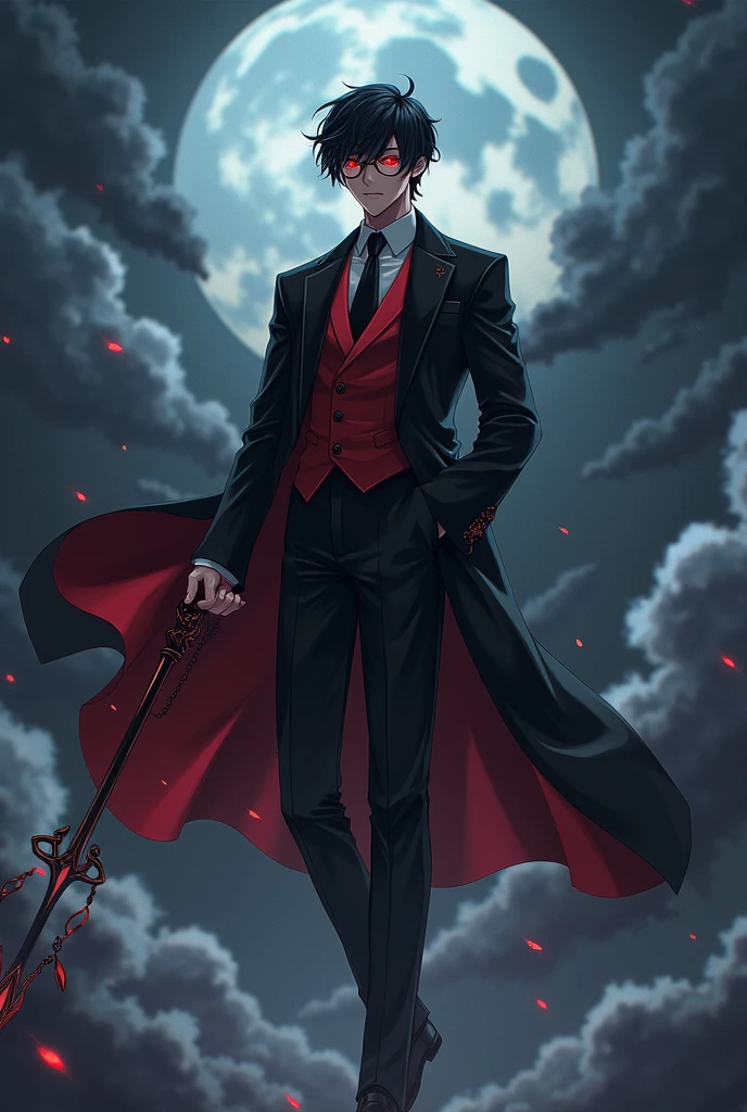 Make an image of an black guy wearing a black and red evil suit with a magical stick in hand having spiritual power and wearing circular glasses and having very good looking and anime hair levitating in the sky background black and cloudy weather anime style