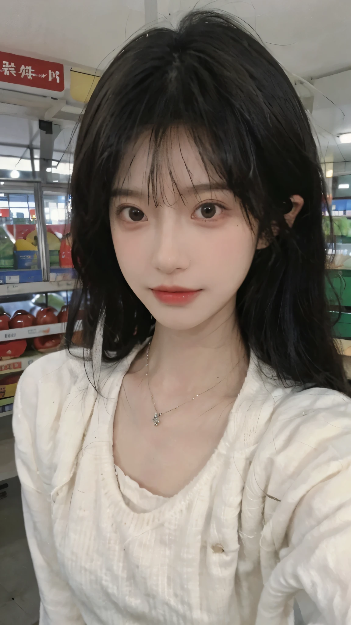 Best quality,Ultra-high resolution,(Realism:1.4),Cute hairpins,girll,Cropped black sweater,Look directly at the audience,Full of atmosphere,Beautiful woman with a slim figure:1.4,supermarket,whole body,Super delicate face,Exquisite eyes,Double eyelids,necklace