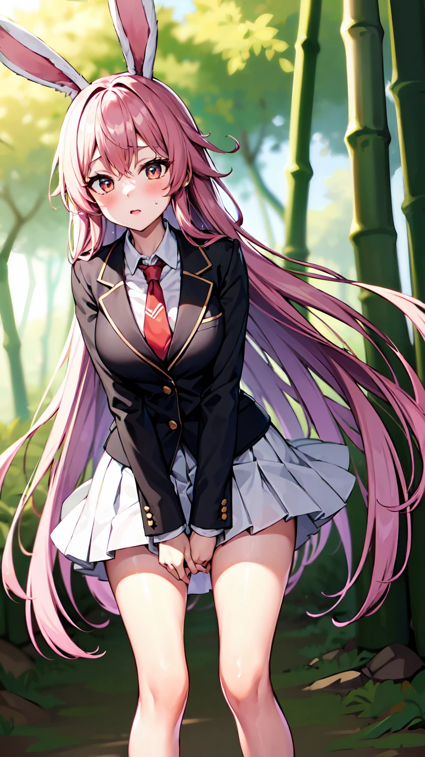 （（super high quality,Ultra-high resolution,16K,super masterpiece,Ultra HD,Ultra high definition,））One high school girl,White bunny ears,Very long straight purple hair,Slender body,Black blazer,All buttons are unbuttoned,White dress shirt,Long red tie,Pink mini skirt,White socks,blush,Looks at me so shyly,Leaning forward greatly,Hands tucked between the crotches,Sweaty,Bamboo forest in the morning sun,A strong wind is blowing,The wind messes up my hair and skirt,