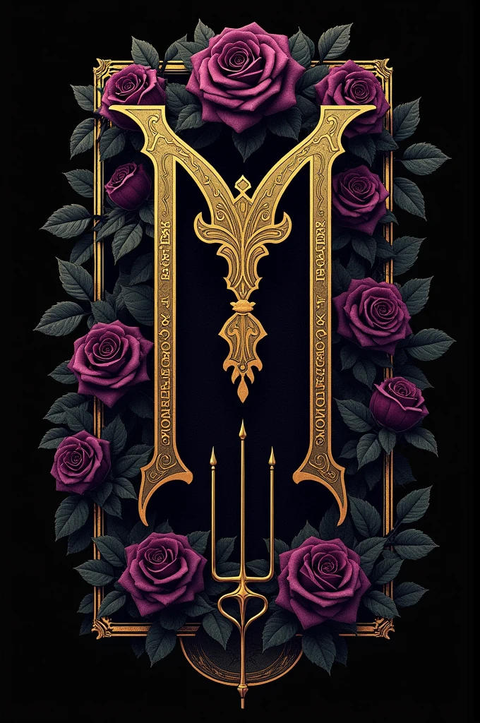 Create a logo that represents a tarot deck, incorporating the following elements:
1. **Colors and Style:** Use dark purple roses as a background, bringing a sense of mystery and sophistication. The image should evoke an ancient and almost macabre aesthetic..
2. **Core Text:** in the middle of the image, insert the initial two letters “M” in a fancy font, appearing to have been written with a pen, in golden color.
3. **Border Text:** On the edge of the image, write “baralho de mulambo” in gold, complementing the theme.
4. **Additional Elements:** Under the roses, include a golden broom, a black cigarette and a pombogira trident. These elements should be arranged harmoniously to create a cohesive look..
5. **Final details:** Add gold leaf accents and black accents all around, enriching the image and giving it depth.