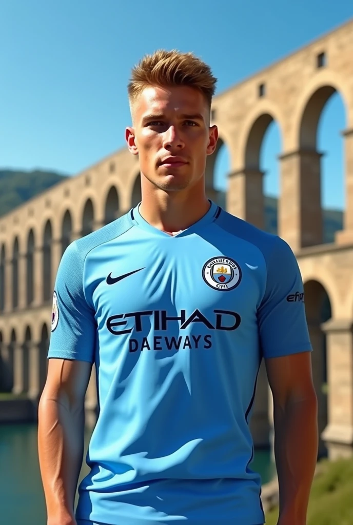 KEVIN DE BRYUNE DEBOUT AVEC LE MAILLOT DE MANCHESTER CITY DEVANT  Pont du Gard