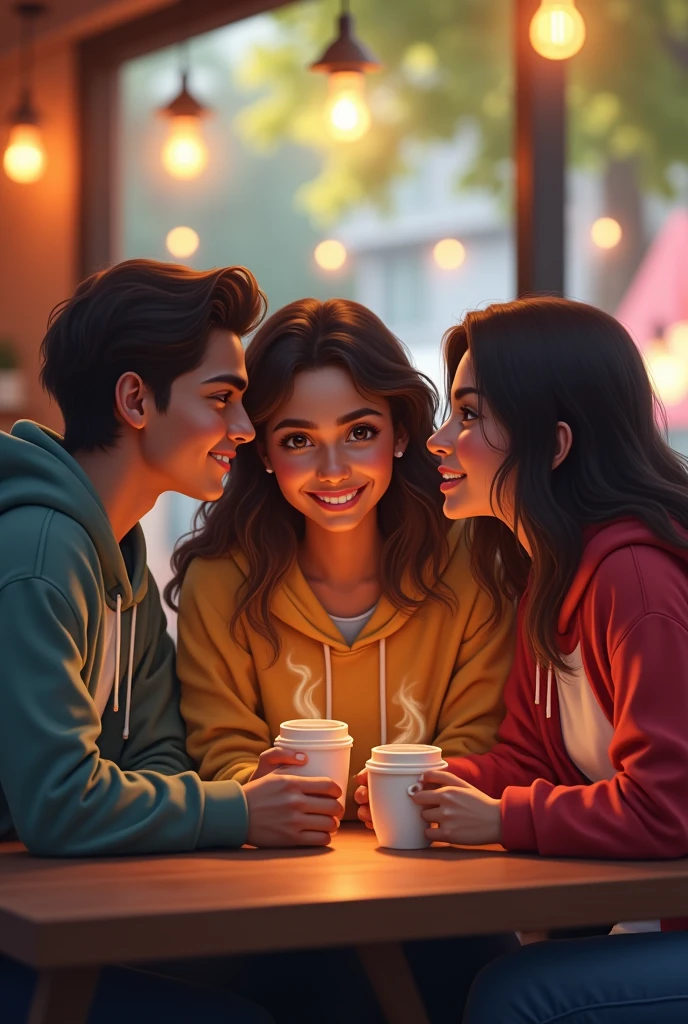 A 2 indian boy with medium long hair wearing hoodie and seating with his 2 beautiful indian girlfriend and both are seeting on a table with their coffee and taking photo