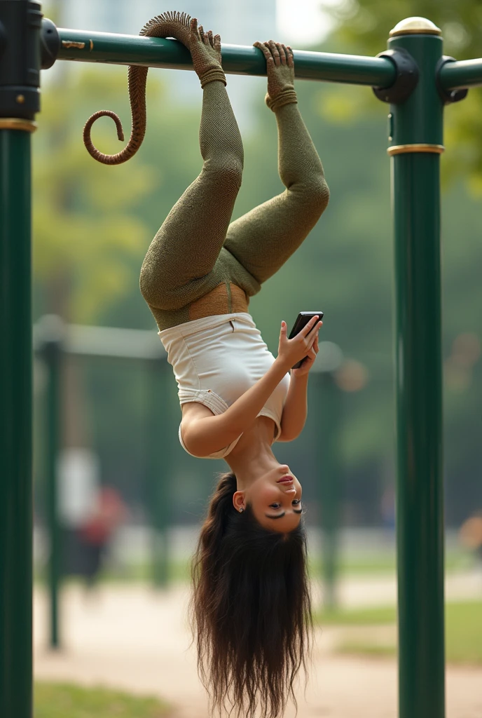 a young girl of 23 years, with lizard tail , headlong (upsidedown) (gripped, hanging with its tail in (park bars). playing (gaming) with phone in his hands.
