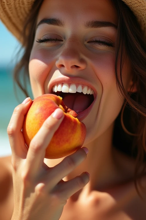 A very beautiful American woman in her 30s、Looking straight ahead、With an erotic and ecstatic look、Looks delicious、is eating a peeled peach with his mouth wide open。Background、Please recommend a famous American tourist spot.。There are five fingers on one hand。9:In 16 sizes、Highest quality、A masterpiece please。