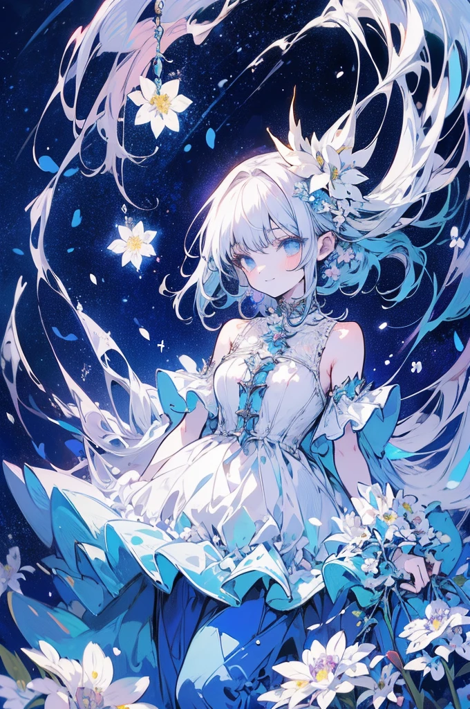 background, Fantasy, wonderful, Fantasy, forest, masterpiece, Highest quality, Ultra-high resolution, detailed illustration, Portraiture, detailed, 1. A girl standing in the starry sky and the Milky Way, village, Lonely, , skirt, flower, White smile, whole body, white flower, Exposing shoulders, very