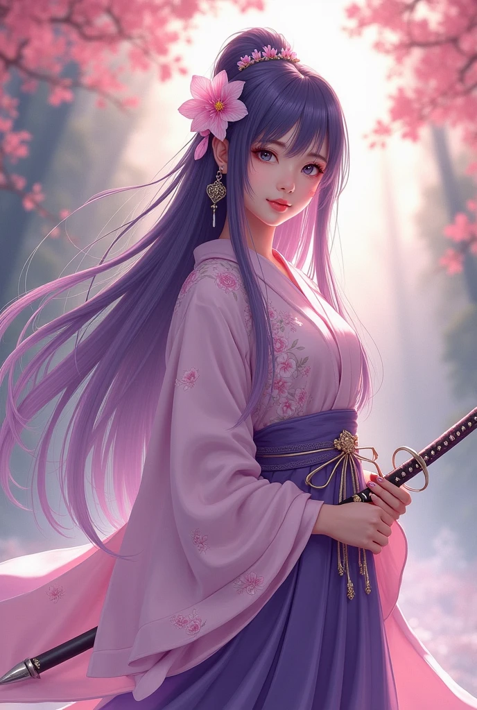 Height and Presence: She is of average height and has a graceful presence., with a posture that radiates a combination of serenity and inner strength. Your posture should convey confidence and a calm aura..

body hair: Your hair is long and straight, with a deep, soft purple tone. Hair should be styled in layers with long bangs falling gently over the forehead.. Add a flower or elegant floral adornment to the side of your hair, like a clip or a tiara, to highlight a touch of femininity and beauty.

eyeballs: Your eyes are big and expressive, with a vibrant green color that stands out against the softness of your hair. The eyes should reflect a mixture of compassion and determination, with a gentle and attentive look.

badass clothing:

    upper part: She wears a long-sleeved kimono with delicate floral patterns., predominantly in shades of light pink and purple. The design of the kimono must be refined, with subtle embroidery or floral prints that intertwine with an elegant pattern.
    Bottom: The lower part is a skirt or hakama (Loose pants), in a dark tone that contrasts with the upper part, providing visual balance. The skirt should have a flowing drape, allowing freedom of movement.
    Accessories: Add an obi (range) detailed at the waist, with floral or decorative patterns that complement the kimono. Inclua também uma range de cabeça ou um adorno de cabelo com um design floral elegante.

canons e Equipment:

    canons: She holds a sword with a thin, elegant blade., with a detailed silver or gold handle that has a delicate and elegant grip. The handle design can incorporate floral patterns or refined details.
    Equipment: Add discreet accessories, como um pequeno amuleto ou talismã preso ao cinto ou à range, that symbolizes protection and wisdom.

enviroment: The background should be a serene and natural setting, like a flower garden in full bloom, a quiet clearing in a forest, or a camp