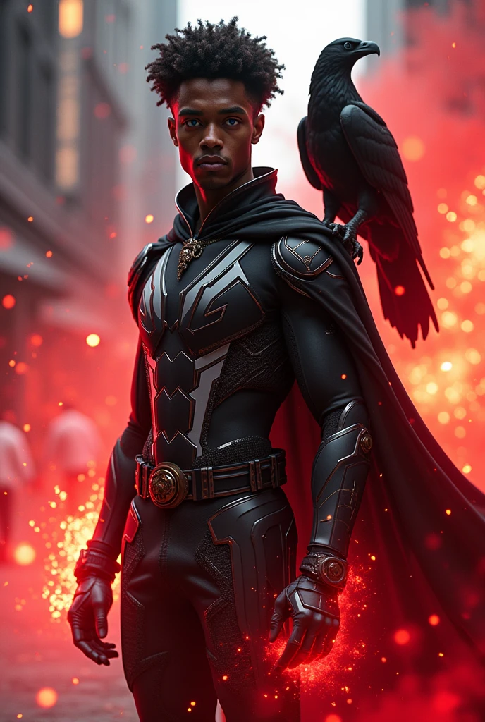 Create an image of a young, Afro-Portuguese descent man, Futuristic Portugal black armor with white details, with a black cape and a look and short afro hair and blue eyes using red energy, A black eagle stands on his shoulder