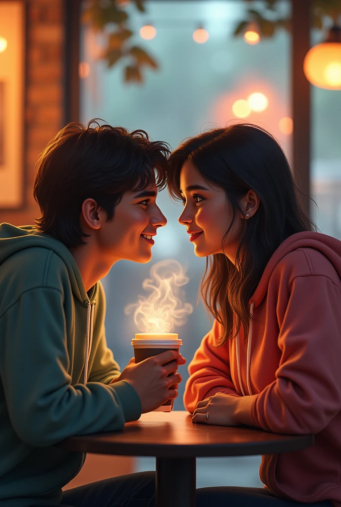 A 2 indian boy with medium long hair wearing hoodie and seating with his 2 beautiful indian girlfriend and both are seeting on a table with their coffee and taking photo