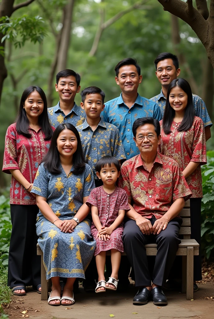 Family photo of 11 native Indonesians, wearing the same batik uniform, consisting of: - 60 year old man and woman, black hair, sitting on a bench - 3 men and 3 women aged 30 years, standing behind - 2 boys aged 12 years, standing behind the bench - 1 girl aged 7 years, sitting on a bench in the middle