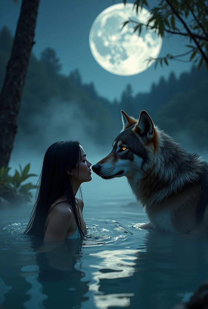 2woman, bodybuilder, sexy nude, campfire, Beach, contact,(2wolfs deatiled), fullmoon, bird fly, Shaman, indigenous,big boobs ,detalhes,8k, detailed, (nude).