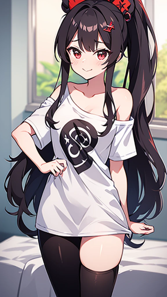 High tail hairstyle, two Ponytail hairstyle, Ponytail hairstyle, Long wavy black hair, standing posando, anime girl style, pixel art anime style,penetrating look with deep eyes,red and purple eyes, hair with a ponytail hairstyle trapped with a big red bun, women, red hair clips, x color shaped hair clips , smiling face blush, next to his bed, Black hair, thighs grandes, NSFW, from below, neckline, looking at the viewer, lascivious smile, ((oversized t-shirt)), off the shoulders, without pants, washing machines, thighs, ((White T-shirt)), standing, hands on the hips,
