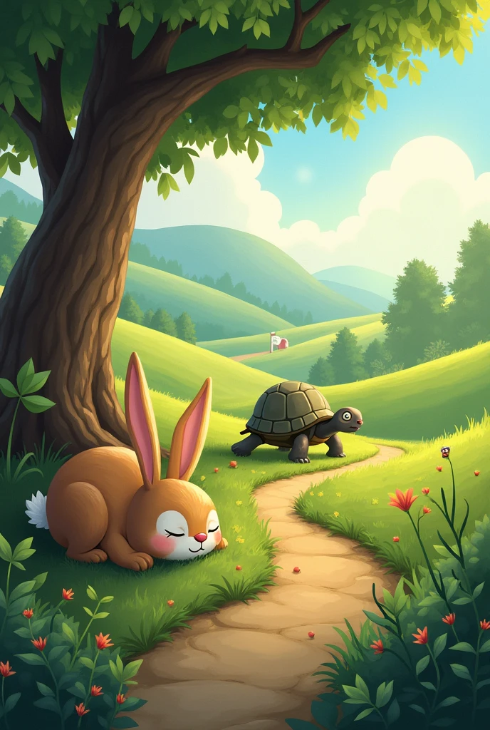 The rabbit and the turtle were racing until the rabbit fell asleep under a big tree, allowing the turtle to easily reach the finish line.