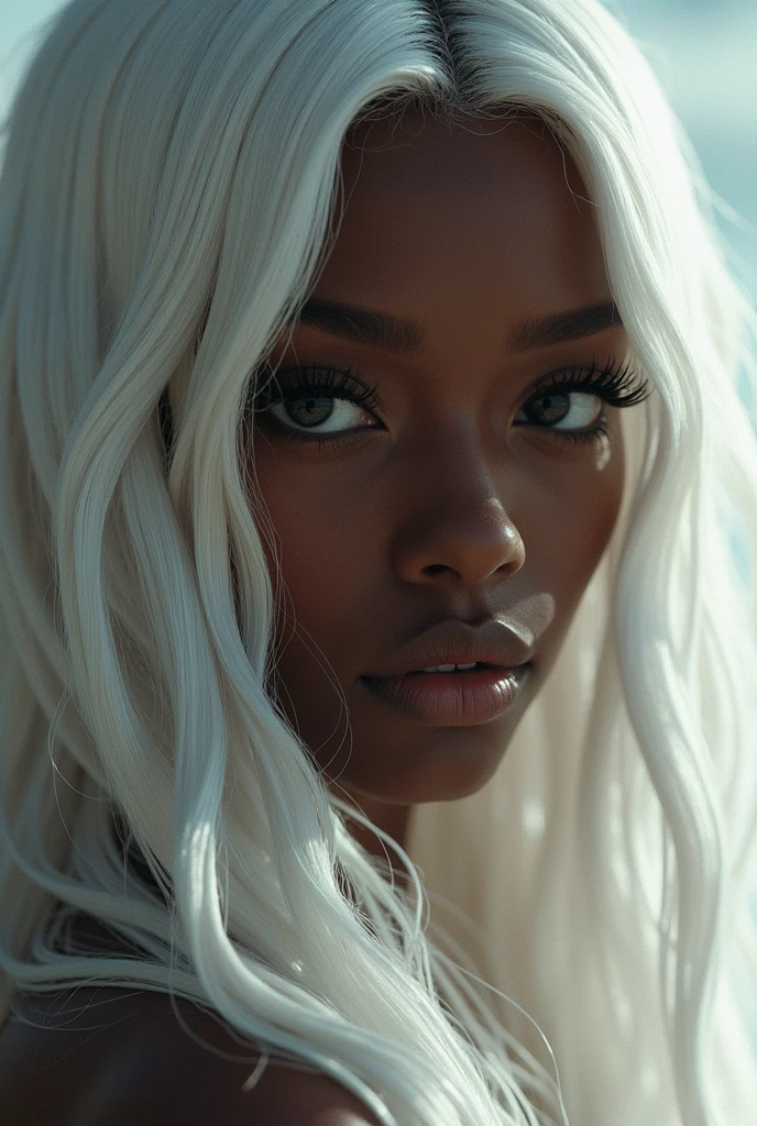 A black girl with a waxy and glowing chocolate complexion, sexy teenager with black eyes and white hair