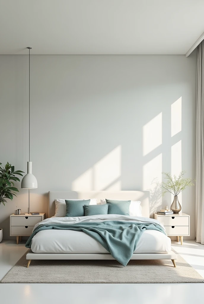 **Bedroom Decor:**
- **Color Scheme**: Light gray combined with white, with soft blue or green accents in the decor, such as pillows or blankets, to add a refreshing touch.
- **Reasoning**: Gray and white create a spacious, clean, and calming atmosphere. The blue or green accents bring a fresh and relaxing vibe, perfect for a tranquil bedroom setting.
- **Furniture**: A simple white bed, a white or light brown wardrobe, bedside tables with drawers for neatness, modern bedside lamps for reading, and a light gray rug to add warmth.
- **Size**: Medium to large bedroom, sufficient to accommodate a queen or king-size bed, with enough space to move around comfortably and add extra furniture.
- **Tone**: A sleek and modern look with a neutral yet stylish palette, incorporating shades of gray, white, and soft blue or green accents.