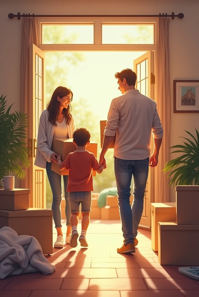 The family is moving boxes into their new home