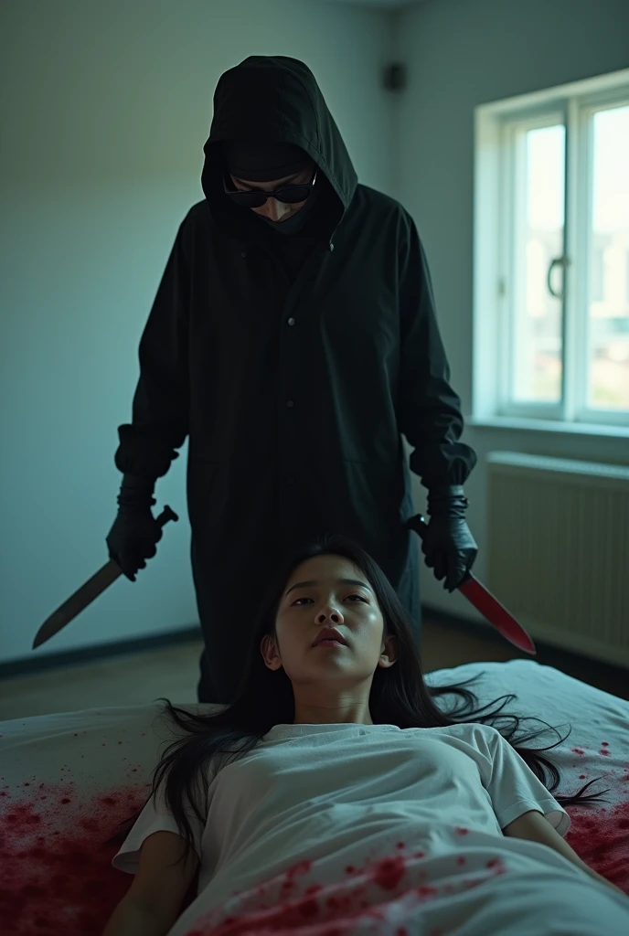 korean girl, (behind stiff, holding knife), stabbing, black surgical mask, black gloves, sunglasses, white room, black raincoat, trucker hat, holding knife, black gloves, , woman on top, behind cadaver, blood splatter, on the bed, looking at viewer, mass murderer, killer, blood splatter, dark atmosphere, cinematic lighting, atmospheric realistic, light from the window,