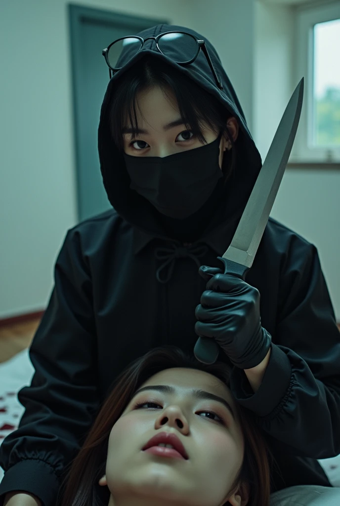 korean girl, (behind stiff, holding knife), stabbing, black surgical mask, black gloves, sunglasses, white room, black raincoat, trucker hat, holding knife, black gloves, , woman on top, behind cadaver, blood splatter, on the bed, looking at viewer, mass murderer, killer, blood splatter, dark atmosphere, cinematic lighting, atmospheric realistic, light from the window,